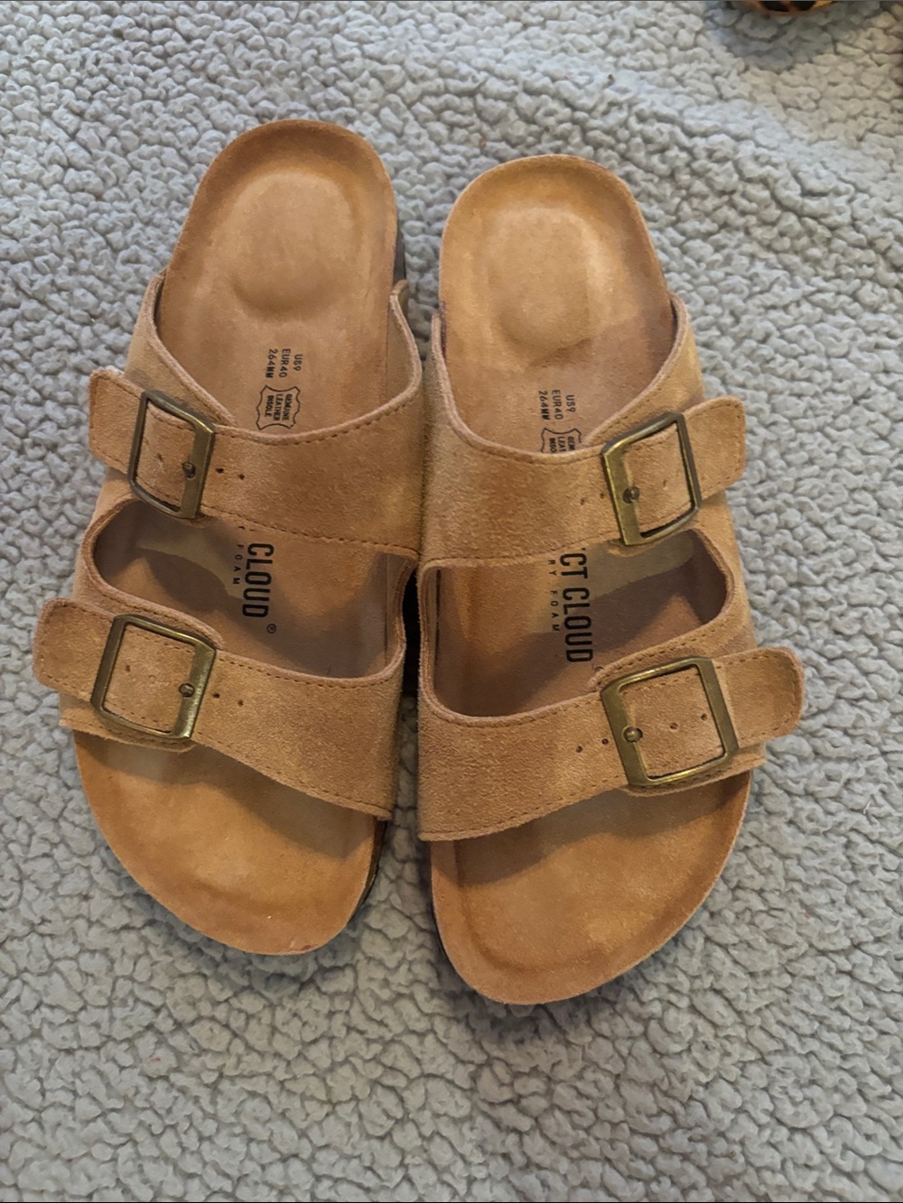 NWOT Project Cloud Venita Memory Foam Double-Buckle Suede Slide Sandals in Tan